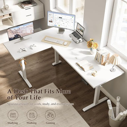 Klicelor L Shaped Standing Desk 63 x 48 Inch, Electric Height Adjustable Corner Desk for Home Office Workstation, Ergonomic Sit to Stand Computer Table with Memory Controller, White