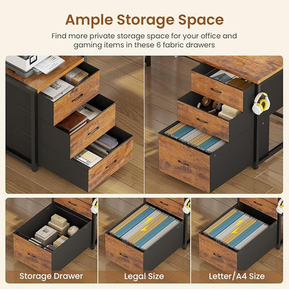 SEDETA L Shaped Gaming Desk with 6 Drawers, Reversible Computer Office Desk with File Drawer, Hutch, Storage Shelves, Gaming Corner Desk with Led Lights, Power Outlet for Two Person, Rustic Brown