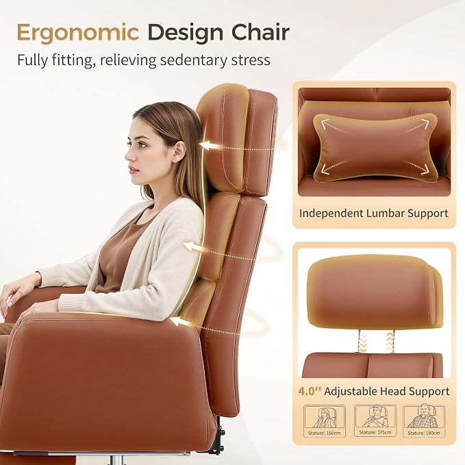 Big and Tall Office Chair 500LBS, Ergonomic High Back Leather Executive Chair, Reclining Swivel with Adjustable Armrests Lumbar Support Footrest, Cross Legged, Brown
