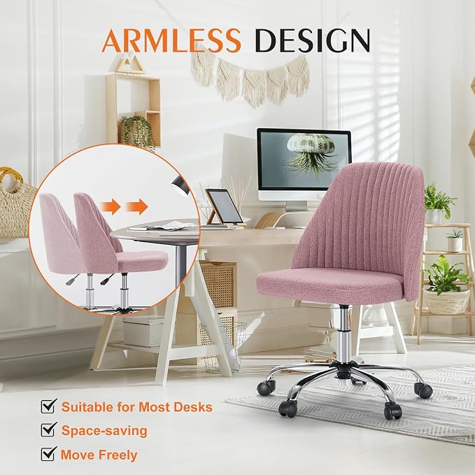 Sweetcrispy Armless Vanity Chair, Cute Comfy Home Office Desk Chair with Wheels, Modern Upholstered Task Computer Seat for Bedroom, Study, Makeup Vanity, Height Adjustable & Swivel Fit, Pink