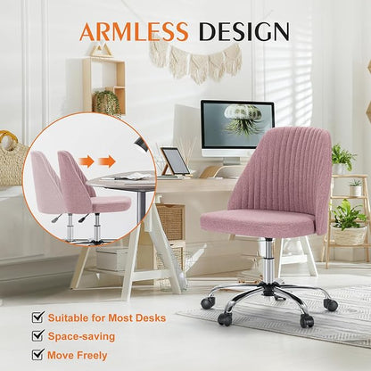 Sweetcrispy Armless Vanity Chair, Cute Comfy Home Office Desk Chair with Wheels, Modern Upholstered Task Computer Seat for Bedroom, Study, Makeup Vanity, Height Adjustable & Swivel Fit, Pink