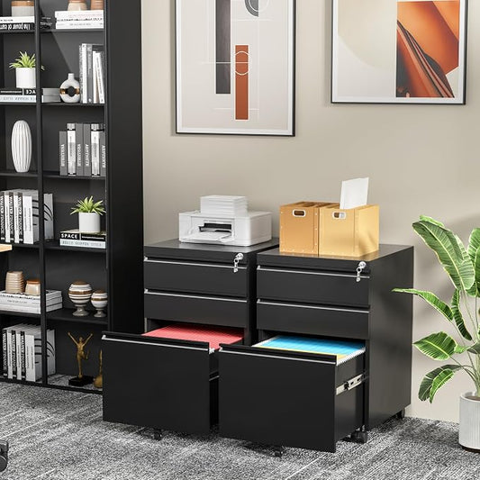 INTERGREAT 3 Drawer File Cabinet, Metal Filling Cabinets with Lock, Locking Office Mobile Cabinet with Wheels for Legal/Letter Size, Under Desk, Assembled, Black