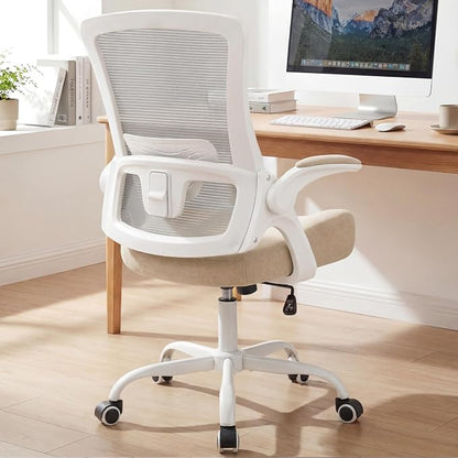 NEO CHAIR Office Chair High Back Desk Mesh Chair Comfy Computer Gaming Seat with Adjustable Ergonomic Lumbar Rolling Flip-up Armrests and Wheels (Beige)