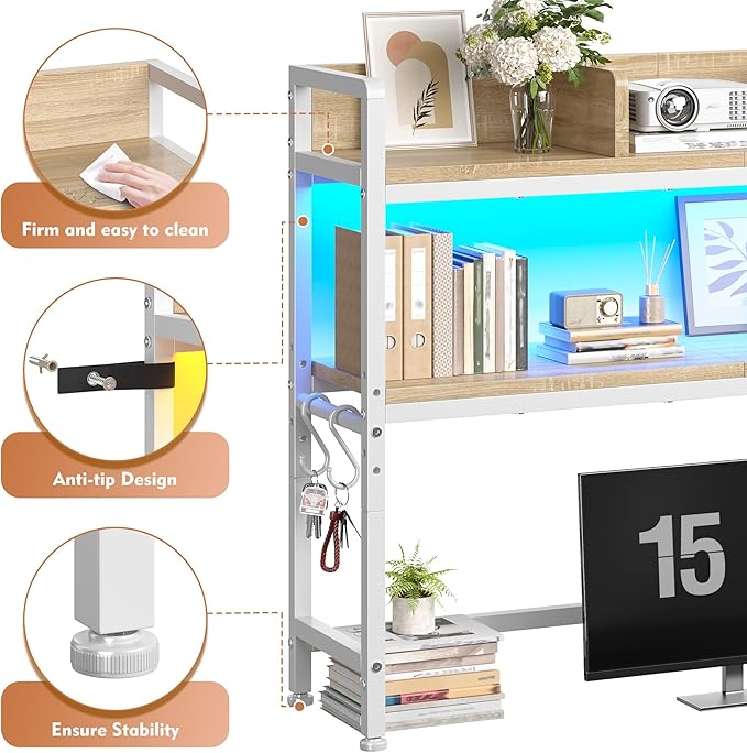 REIBII 35.5" Desk Shelf with LED Lights and Hooks,2-Tier Adjustable Multipurpose Solid Wood Desk Hutch Dorm,Desktop Organizer Rack with 3 Display Rack for Dorm,Office Home,White