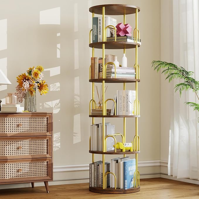 5-Tier Rotating Bookshelf, 360° Round Spinning Book Shelf Tower, Tall Skinny Wood & Metal Bookshelf for Corner/Office/Home, Modern Industrial Vintage Style