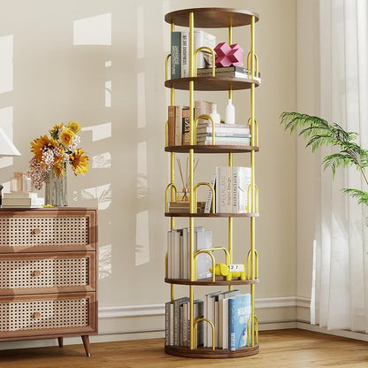 5-Tier Rotating Bookshelf, 360° Round Spinning Book Shelf Tower, Tall Skinny Wood & Metal Bookshelf for Corner/Office/Home, Modern Industrial Vintage Style