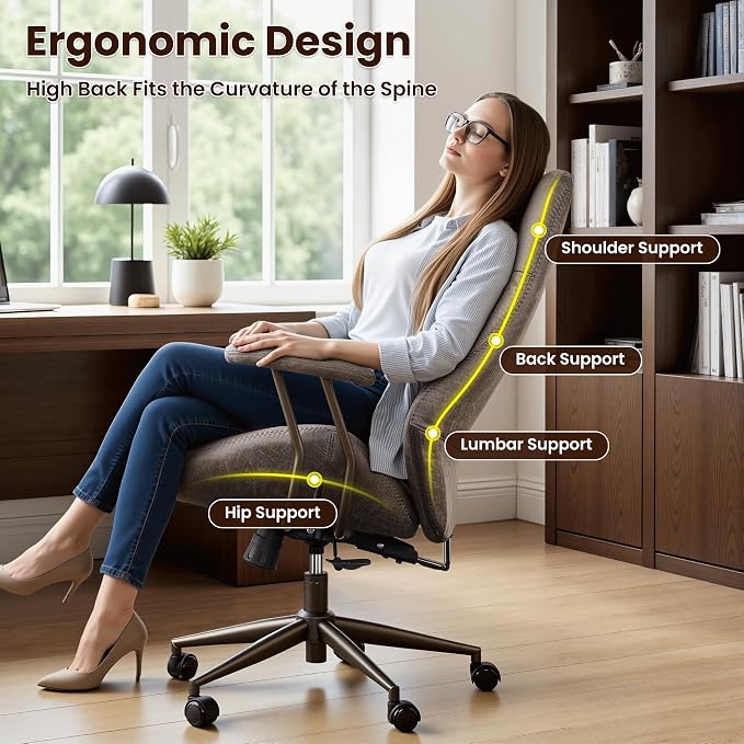 ovios Home Office Chair, Mid-Century Modern Faux Suede Leather Ergonomic Chairs, High Back Comfy Computer Swivel Rolling Task Executive Armchair, Grey