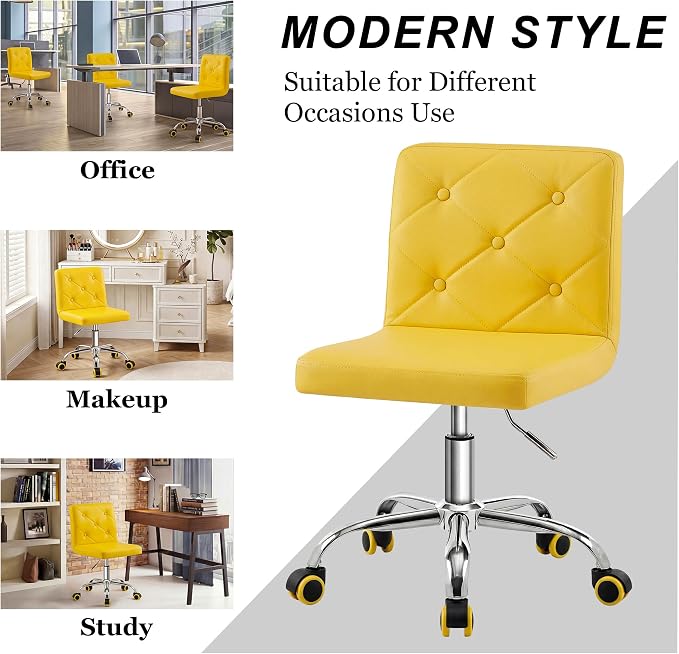 VECELO PU Leather Mid-Back Armless Vanity Chair Adjustable Height 360° Rolling Swivel for Home Office Work