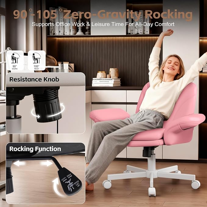 Vonesse Criss Cross Office Chair with Wheels & Armrests, Height Adjustable Vanity Chair, Makeup Chairs with Side Pockets Design, Comfortable Computer Desk Chairs for Home (PU Leather,Pink)
