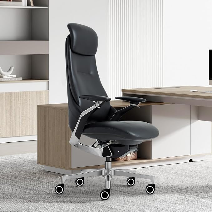 Ergonomic Executive Leather Office Chair-High Back Top Grain Leather with Adjustable Headrest, 3-Position Recline (90°-135°), Tension Control & Height Adjustment, Italian DONATI Base