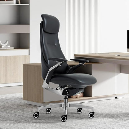 Ergonomic Executive Leather Office Chair-High Back Top Grain Leather with Adjustable Headrest, 3-Position Recline (90°-135°), Tension Control & Height Adjustment, Italian DONATI Base