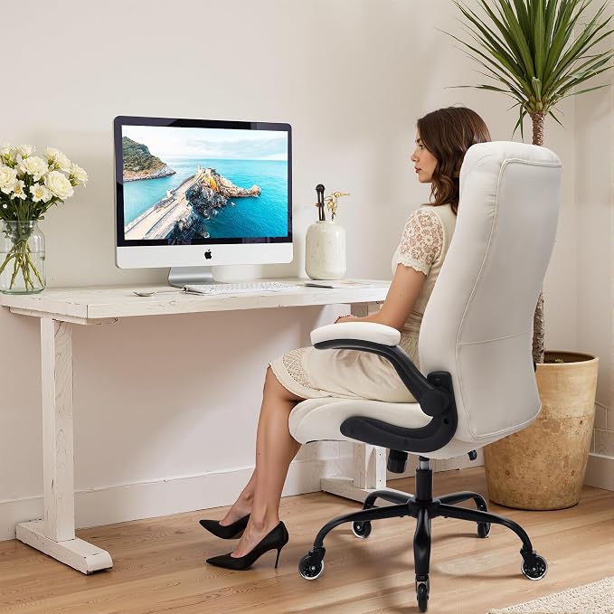 Big and Tall Office Chair for Heavy People, 400LBS High Back Extra Wide Executive PU Leather Office Chair with Flip-Up Armrests, Quiet Rubber Wheels, Comfortable Home Office Desk Chair (White)