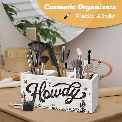 Western Howdy Pen Holder Organizer for Desk Accessories, Retro Country Western Wooden Box Sign Desk Decorations for Home Bedroom Office Decor, Cowboy Cowgirl Gifts
