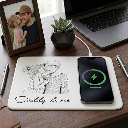Personalized Leather Charging Mat, Dad Sketch Line Art Custom Photo, Wireless Charging Desk Mat, Custom Dad Gift, Fathers Day Gift for Dad, Papa, Grandpa, Daddy 2