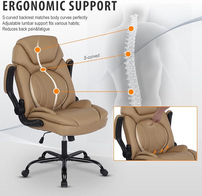 Big Tall Executive Office Chairs with Lumbar Support PU Leather Rocking Managerial Chair Comfy Swivel Desk Chairs with Wheels Flip-up Armrests, Khaki