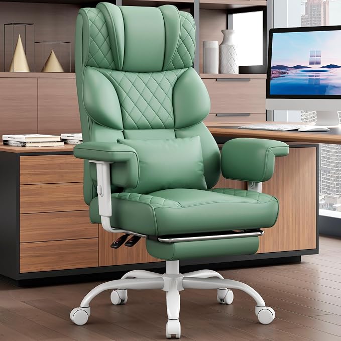 Vonesse Big and Tall Office Chair, Desk Chair with Soft Adjustable Armrests, Ergonomic High Back Gaming Chair with Lumbar Support, Executive Computer Chairs with Footrest (PU Leather, Green)