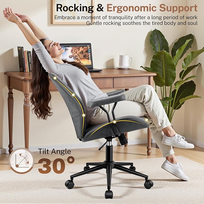 HeroSet Leather Office Chair with Removable Armrests, Mid Back Ergonomic Desk Chair with Lumbar Support, Adjustable Height Rocking Swivel Executive Chair for Home Office, Drak Gray
