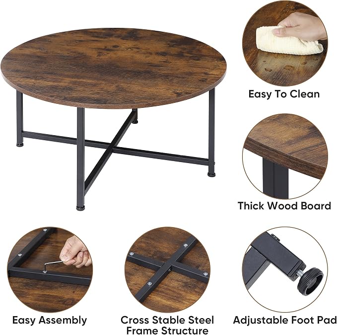 ZenStyle Round Coffee Table, Industrial Style Cocktail Desk Modern Leisure Tea Table, Kitchen Dining Table for Living Room, Dining Room, Tea, Home Office Balcony with Durable Metal Frame