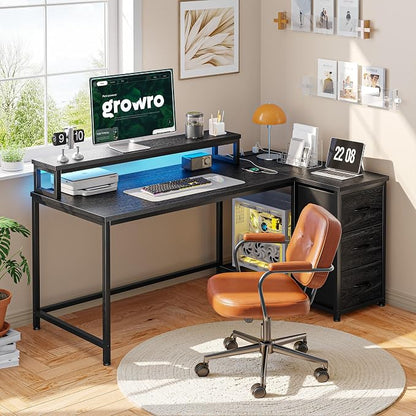 EnHomee 40 Inch Gaming Desk with 3 Drawers & 27.5'' Monitor Stand,Computer Desk with 3 AC and 1 Type-C Power Outlet and LED Lights, L Shaped Small Desk for Gaming,Study Room,Home Office,Bedroom,Black