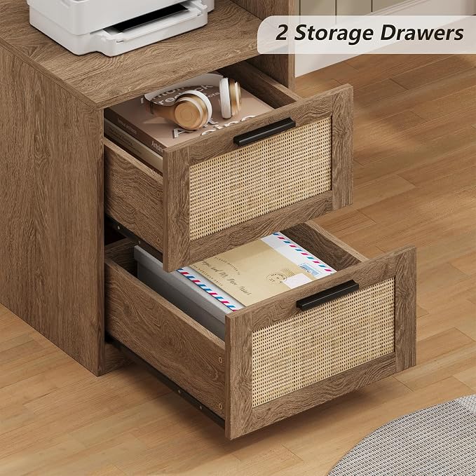 YOMILUVE 63" Farmhouse L Shaped Executive Desk with Drawers & Storage Shelf, Corner Rattan Computer Desk with Power Outlets, L Shaped Office Desk with Monitor Stand, Printer Shelf