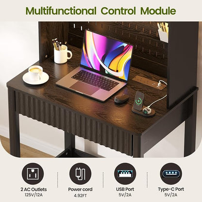 Lvifur Writing Desk with Power Outlet - Small Study Desk with LED Lights, Home Office Desk with Drawer & Hutch & Pegboard, Space Saving Study Table Work Station for Dorm, Living Room (Black)