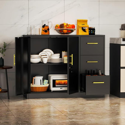 pozdeg Buffet Sideboard Cabinet with Storage, 36.61" H Kitchen Storage Pantry Cabinet with 3 Drawers, Metal Cupboard Coffee Bar Station Table for Kitchen, Living Room, Dining Room (Black)