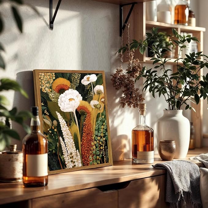 Framed Vintage Floral Canvas Wall Art, Abstract Flower Pictures Wall Decor, Boho Wildflower Botanical Paintings Prints Mid Century Modern Home Decor Aesthetic for Living Room Bedroom 16x24 inch