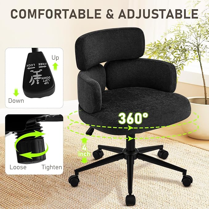 Modern Upholstered Office Chair with Wheels, Adjustable Height Swivel Desk Chair with Arms, Comfy Fabric Task Chair for Home Office, Bedroom, Study Room, Rolling Base,Black