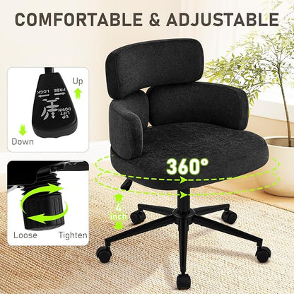 Modern Upholstered Office Chair with Wheels, Adjustable Height Swivel Desk Chair with Arms, Comfy Fabric Task Chair for Home Office, Bedroom, Study Room, Rolling Base,Black