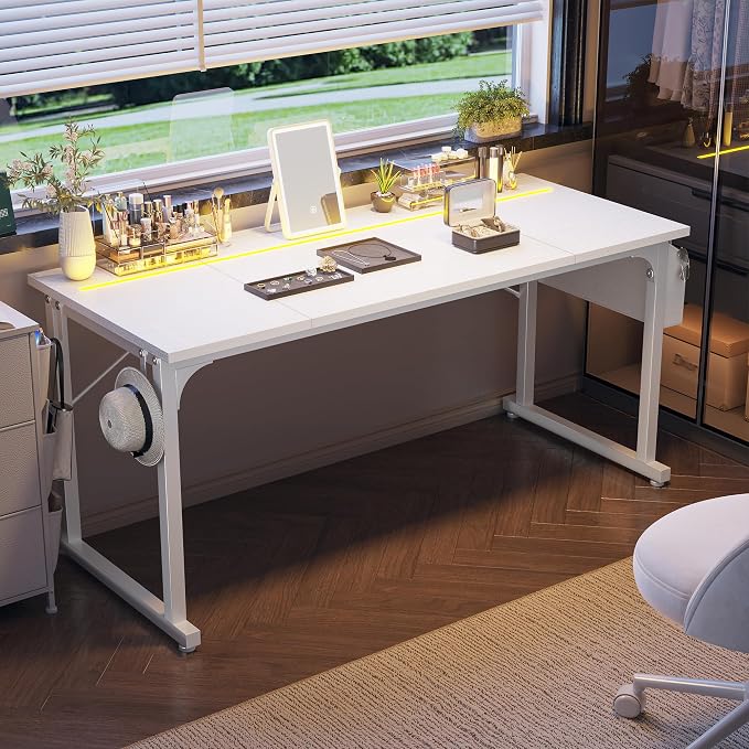 DurayLoly 63" Office Desk with LED Lights,Computer White Desk with Storage Bag&Headphone Hook,Spacious Under-Desktop for Study Writing Work Gaming Desk,Sturdy Metal Frame,Bedroom,Rustic Brown