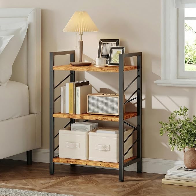 DurayLoly 3 Tier Small Bookshelf, Industrial Bookcase with Metal Frame and Sidebars, Storage Shelves for Living Room, Bedroom, Home Office and Kitchen, Rustic Brown