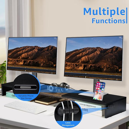 La Jaco Dual Monitor Stand Riser for 2 Monitors, Monitor Stand for Desk, Adjustable Length Swivel Angle Wooden Desktop Organizer Stand Riser with Smartphone Holder for PC Monitor, Rustic Brown