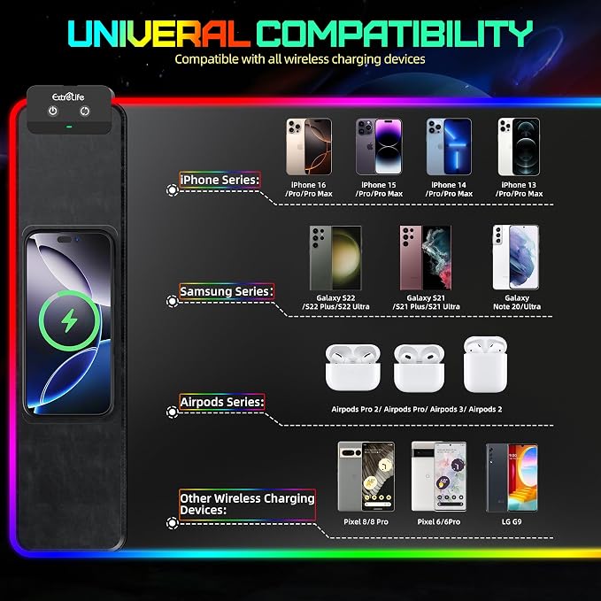 Mouse Pad with Wireless Charging, RGB Gaming Mousepad, Large Desk Mat with Ultra-Smooth Surface, Non-Slip Mouse Mat, Waterproof Computer Keyboard Pad with 18W QC Power Adapter, 800x400x4MM, Black