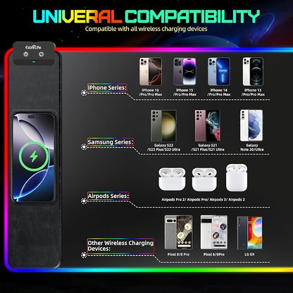 Mouse Pad with Wireless Charging, RGB Gaming Mousepad, Large Desk Mat with Ultra-Smooth Surface, Non-Slip Mouse Mat, Waterproof Computer Keyboard Pad with 18W QC Power Adapter, 800x400x4MM, Black