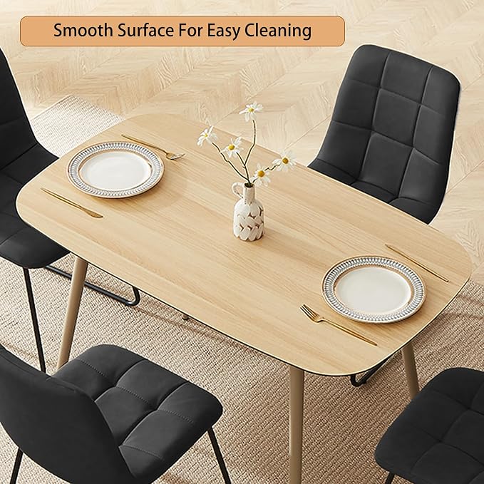 HIPIHOM 47.2" Modern Dining Table Set for 4, Wood Table with 4 Black Leather Chairs, Stylish Kitchen & Dining Room Furniture, Space-Saving Table and Chairs Set