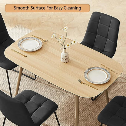 HIPIHOM 47.2" Modern Dining Table Set for 4, Wood Table with 4 Black Leather Chairs, Stylish Kitchen & Dining Room Furniture, Space-Saving Table and Chairs Set
