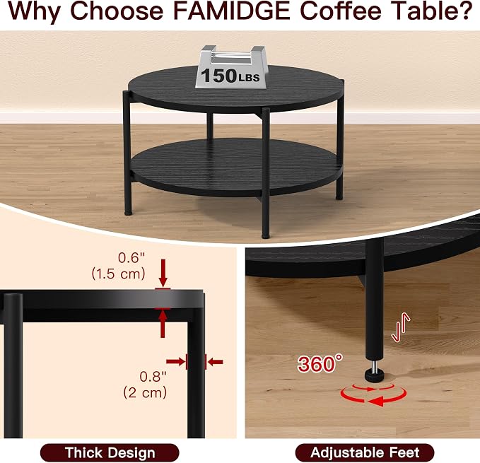 FAMIDGE Coffee Table, 2 Tier Coffee Tables for Living Room, Round Coffee Table with Storage, Floor Table for Bedroom, Home Office, Black (27.6" D x 18.1" H)