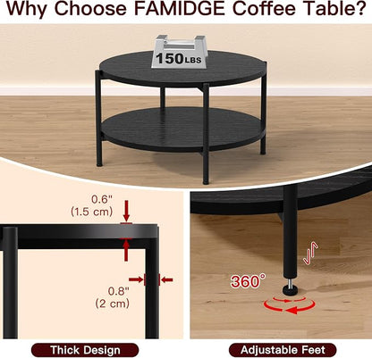 FAMIDGE Coffee Table, 2 Tier Coffee Tables for Living Room, Round Coffee Table with Storage, Floor Table for Bedroom, Home Office, Black (27.6" D x 18.1" H)