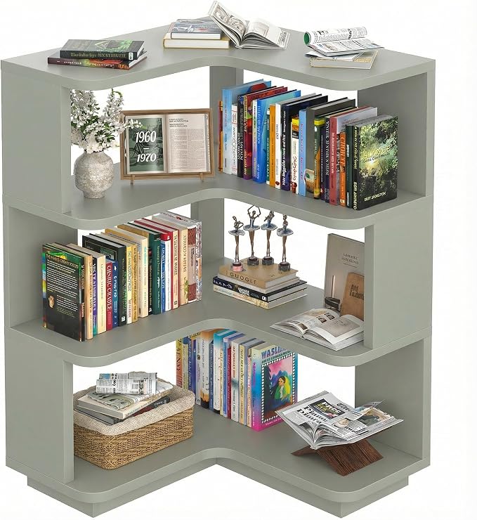 Armocity Corner Book Shelf - 4 Tier Corner Bookshelf Etagere Bookcase with Baffle, Freestanding L Shaped Display Shelf Stand for Home Office, Living Room, Bedroom, Kitchen, Crab Green