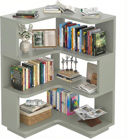 Armocity Corner Book Shelf - 4 Tier Corner Bookshelf Etagere Bookcase with Baffle, Freestanding L Shaped Display Shelf Stand for Home Office, Living Room, Bedroom, Kitchen, Crab Green