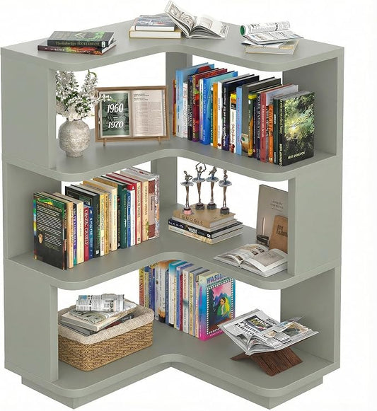 Armocity Corner Book Shelf - 4 Tier Corner Bookshelf Etagere Bookcase with Baffle, Freestanding L Shaped Display Shelf Stand for Home Office, Living Room, Bedroom, Kitchen, Crab Green