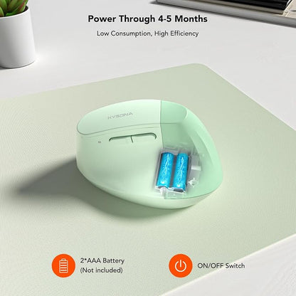 KYSONA EM18 Wireless Ergonomic Vertical Mouse, Ergo Design, Bluetooth Cordless Mouse for Medium/Large Hands, Silent Click, 5-Level Adjustable DPI, Carpal Tunnel Mice for Computer/PC/Mac/Laptop, Green