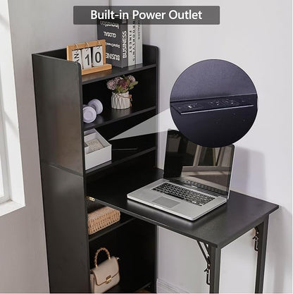 Foldable Desk with Storage,Hidden Desk with Built-in Socket,Fold Out Writing Table for Small Spaces,Home Office and Bedroom (Black)