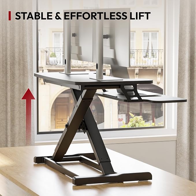 SANODESK 32" Height Adjustable Standing Desk Converter, Desk Riser Sit Stand Workstation for Home Office Laptop & Dual Monitor Setup, Ergonomic Lift Platform, Black