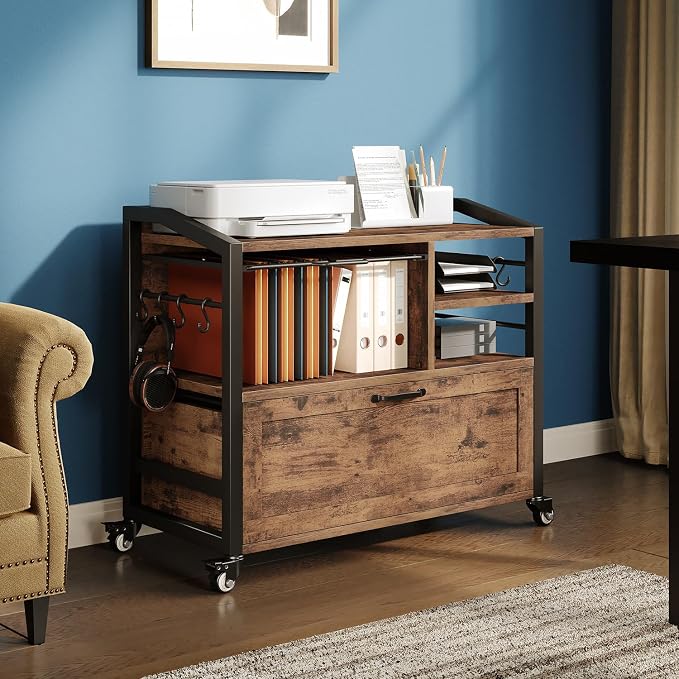 HSH Mobile Lateral File Cabinet with Drawer, Rolling Filing Cabinet with Storage Shelves & Hanging File Folders, Wooden Metal Printer Stand Fits A4 Letter Legal Size for Home Office, Rustic Brown,33In