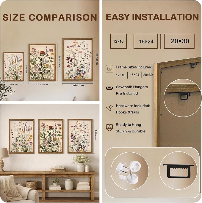 WRFON Botanical and Flower Canvas Wall Art, Framed Wildflower Wall Art Set of 3, Vintage Meadow Flower Canvas Prints, Cottagecore Floral Decor for Living Room Bedroom Bathroom Farmhouse Home, 16x24