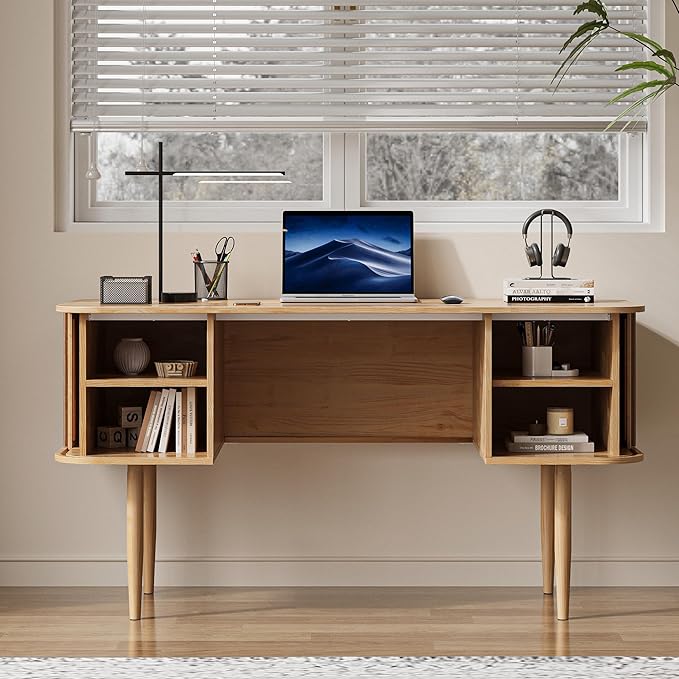 MAISONARIA 55" Modern Writing Desk with Storage, Wood Home Office Desk with Sliding Doors, Computer Desk for Home Office, Dorm, Living Room, Home Study Table, Natural