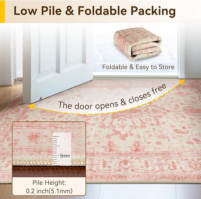 RELEANY Area Rugs Runner 2'x10' Washable Non-Slip, Floral Vintage Distress Medallion Carpet for Kitchen Hallway Bedroom Beside Laundry Room Bathroom, Pink Light Vintage Pink