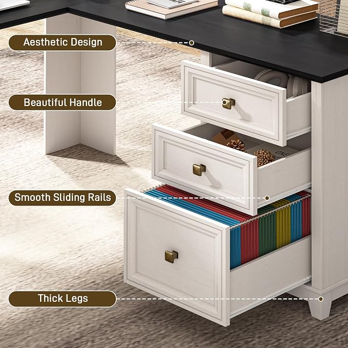 Vabches Farmhouse L Shaped Executive Desk with 6 Drawers, 59’’ Wood Home Office Desk with File Cabinet, Writing Corner Computer Desk for Home Office, Work, Study, White and Black