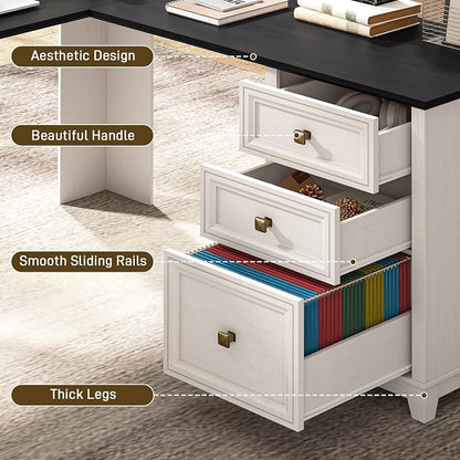 Vabches Farmhouse L Shaped Executive Desk with 6 Drawers, 59’’ Wood Home Office Desk with File Cabinet, Writing Corner Computer Desk for Home Office, Work, Study, White and Black